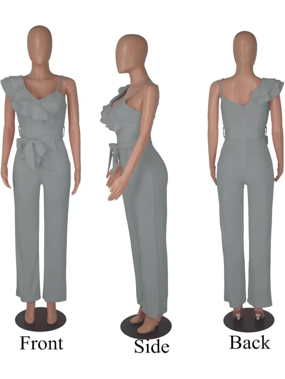 👗 Women's Light Gray Ruffle One Shoulder Wide Leg Belted Romper Casual Jumpsuit